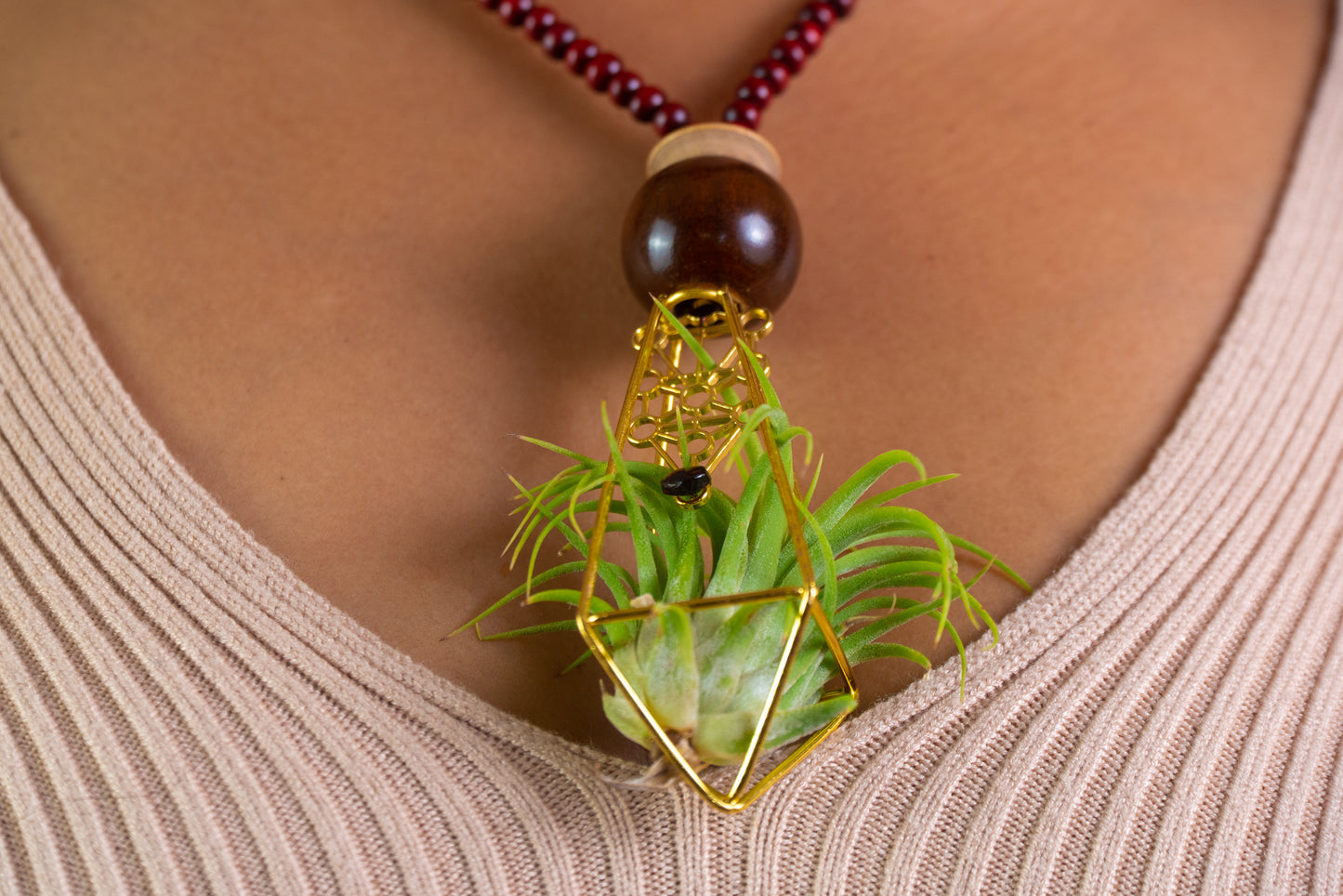 Air Plant Terrarium Sandalwood Bead Necklace ~ Buddha Monk Prayer Beads