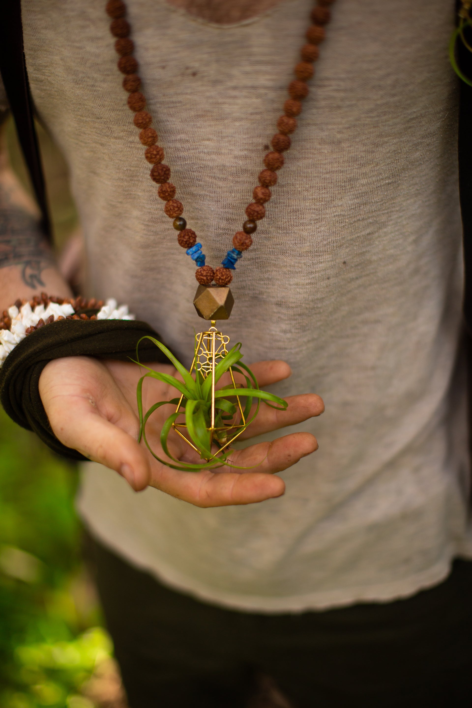 Air Plant Terrarium Sandalwood Bead Necklace ~ Buddha Monk Prayer