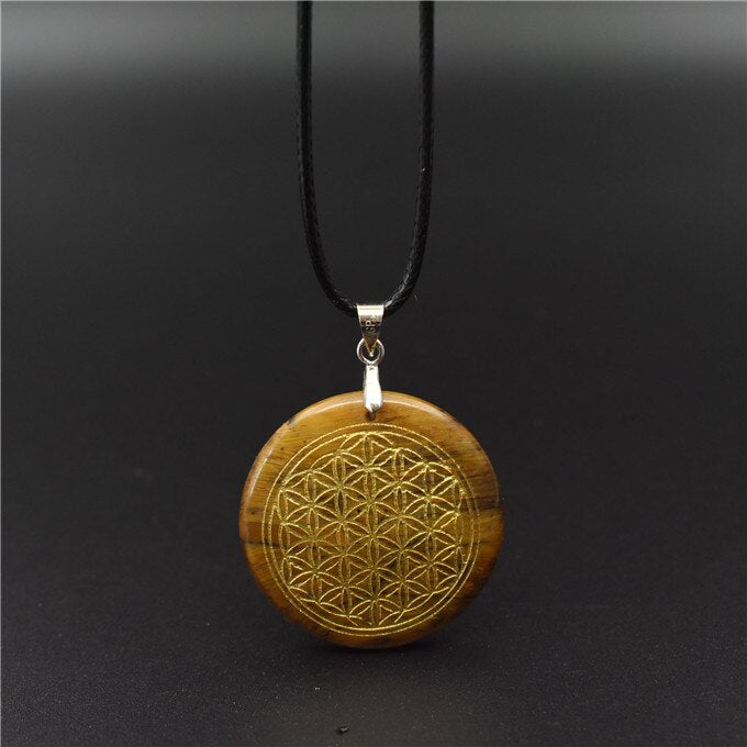 Natural Crystal Flower of Life Engraved Pendant