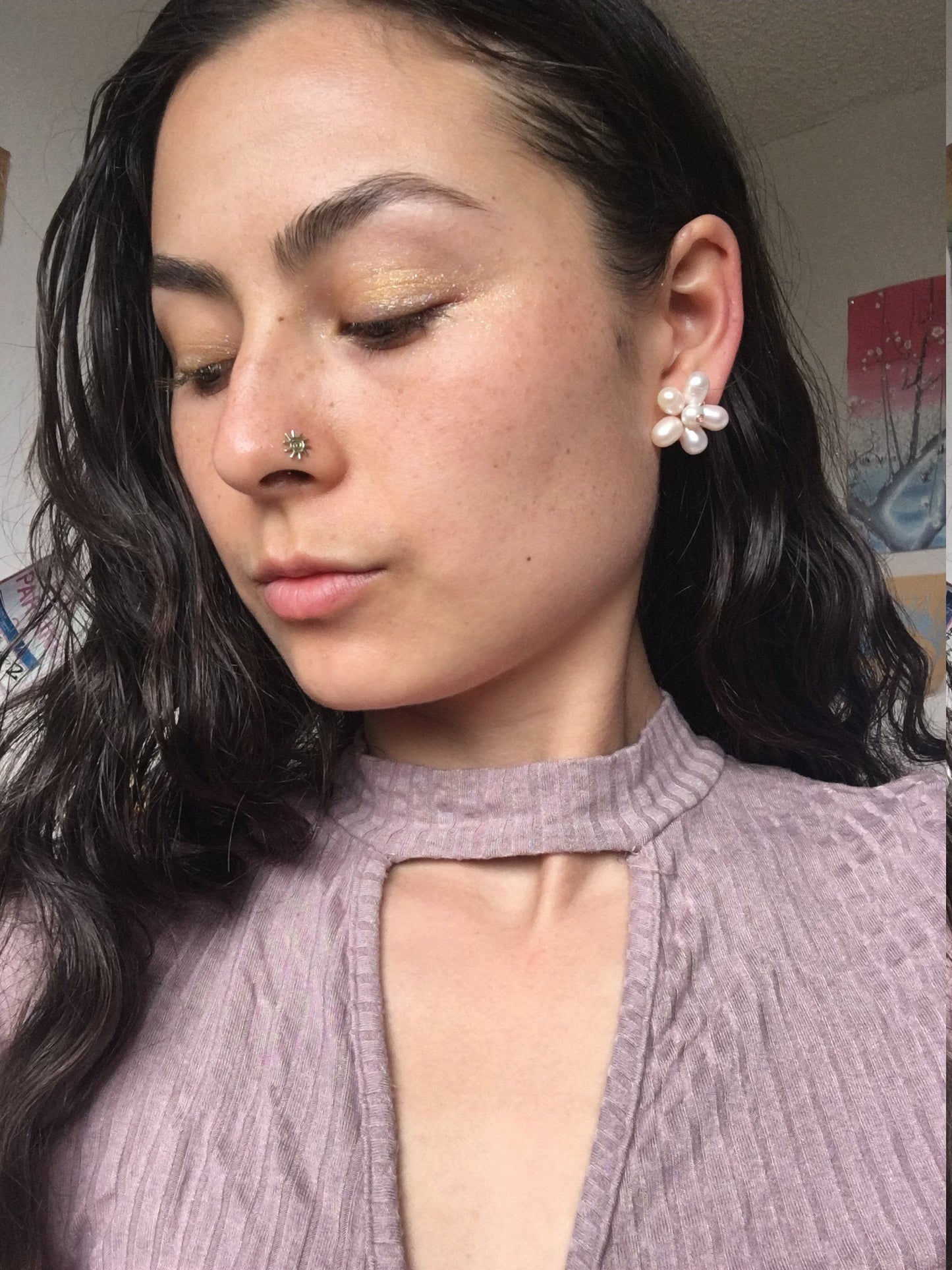 Genuine Pearl Flower Stud Elegant Earrings