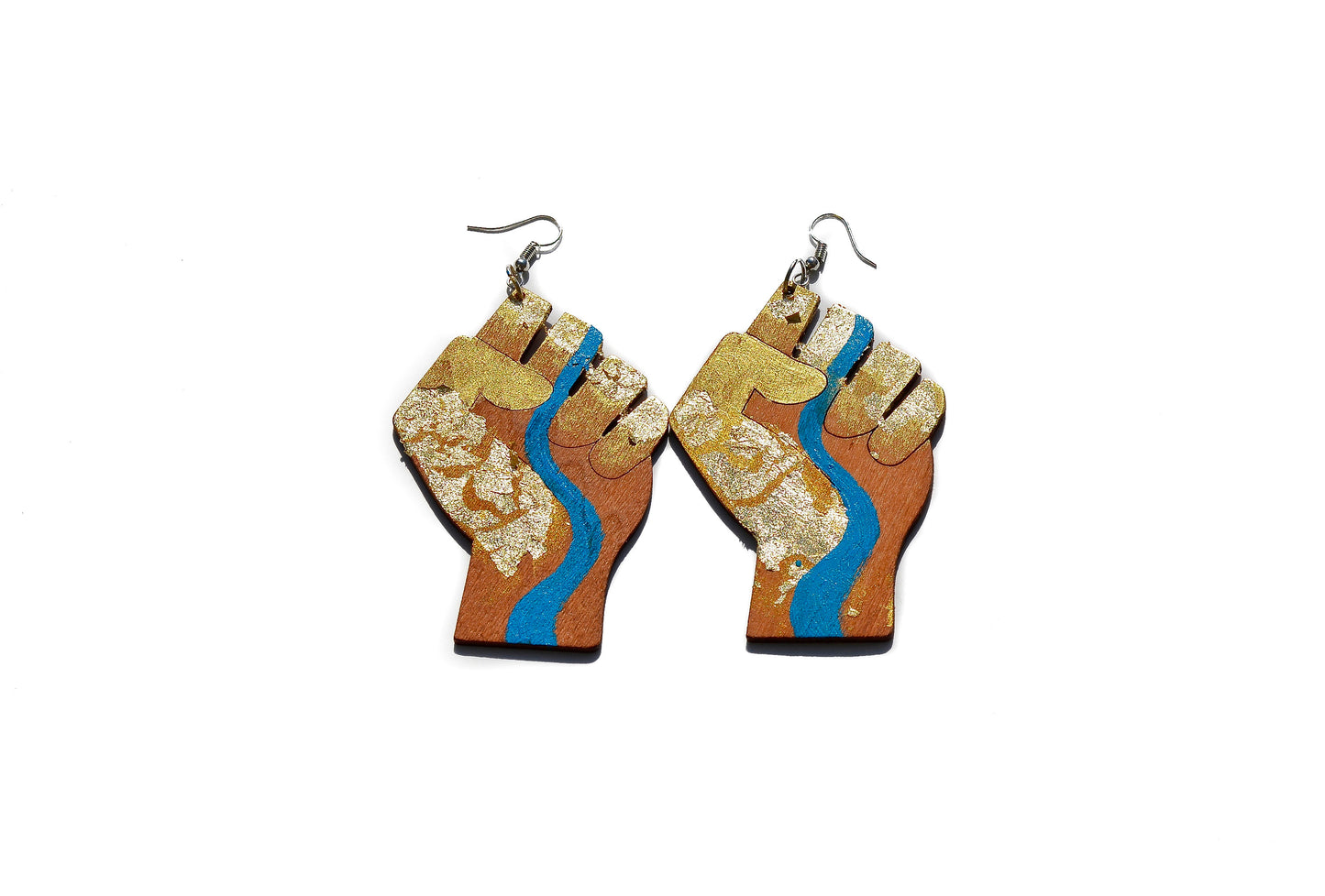 Earth Power Fist Resilience Flower Power Gold Leaf River Laser Cut Earrings (Real Gold Leaf)