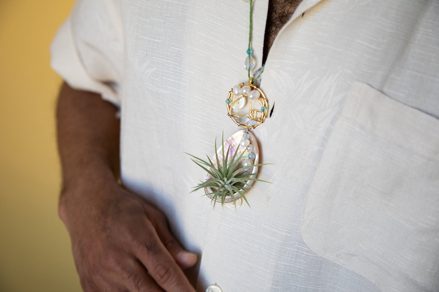 Air Plant Orb Pearl Beaded Abalone Geometric Necklace