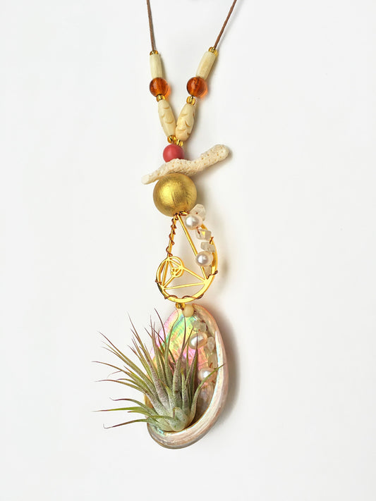 Air Plant Orb Pearl Beaded Abalone Geometric Necklace