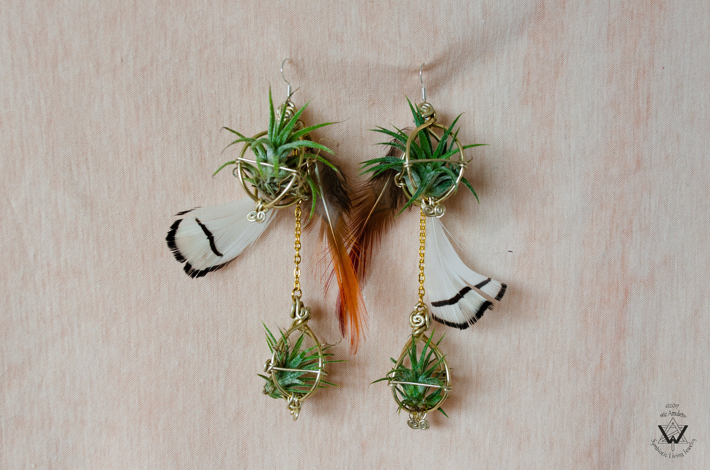Double Dangle Air Plant Orb Feather Earrings Clips ~  Cascading Earrings Boho Chic