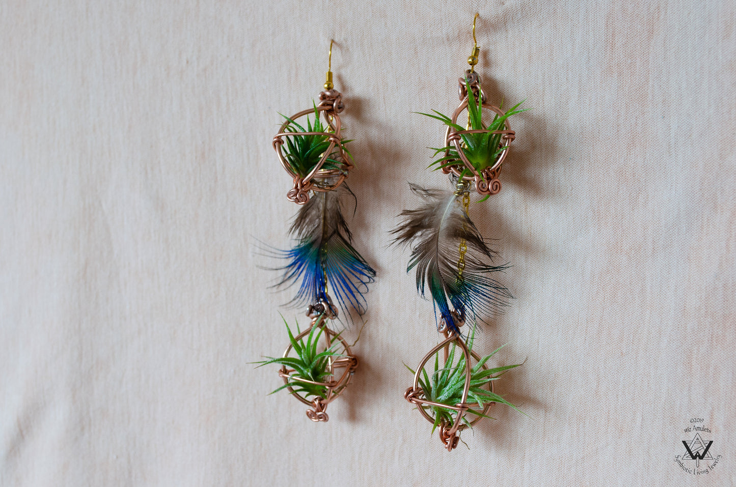 Double Dangle Air Plant Orb Feather Earrings Clips ~  Cascading Earrings Boho Chic
